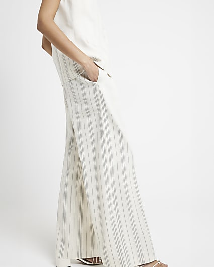 Cream stripe print wide leg trousers