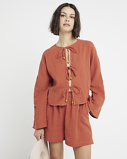 Rust textured tie front top