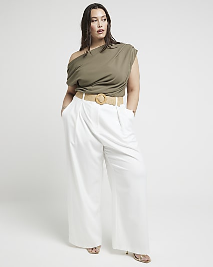 Plus White Belted Wide Leg Trousers