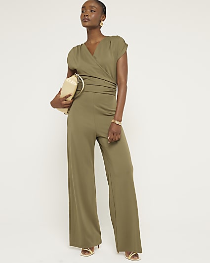 Khaki wrap wide leg jumpsuit