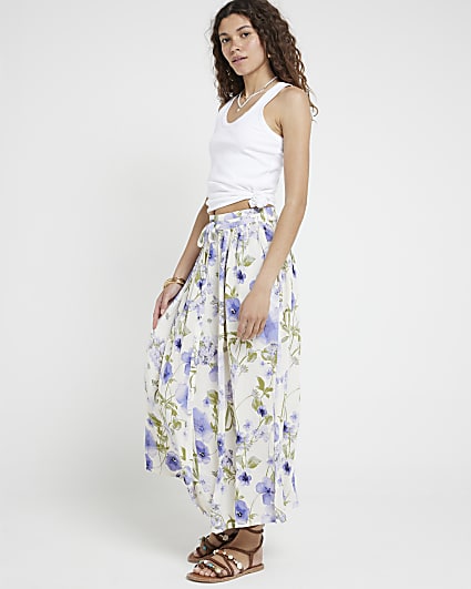 Purple floral elasticated maxi skirt