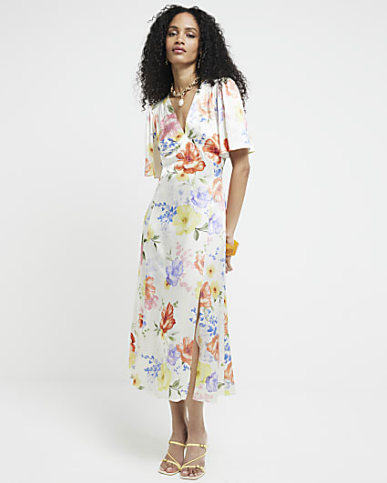 White satin floral swing midi dress