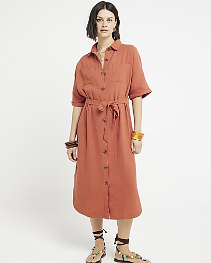 Rust textured belted midi shirt dress