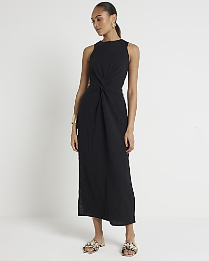 Black textured cut out smock midi dress