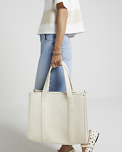 Cream Faux Leather Embossed Shopper Bag