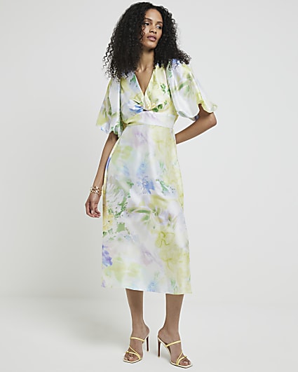 Yellow satin floral twist swing midi dress