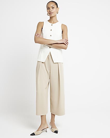 Beige wide leg pleated cropped trousers