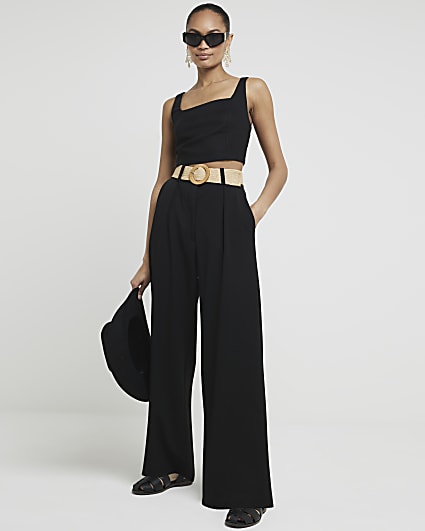 Black belted wide leg trousers