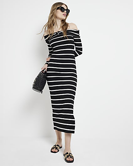 Black ribbed stripe bardot bodycon midi dress