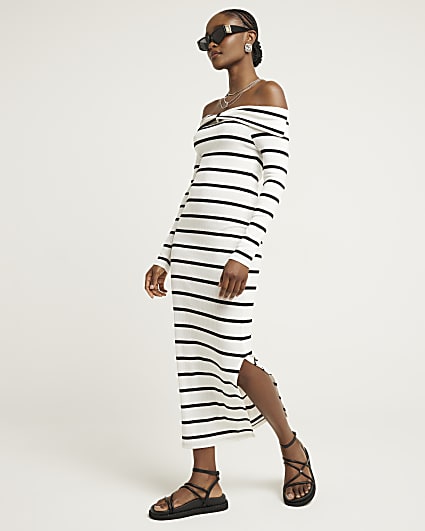 White ribbed stripe bardot bodycon midi dress