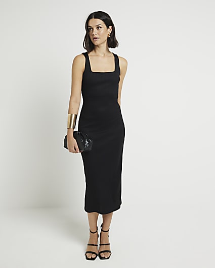 Black ribbed square neck bodycon midi dress