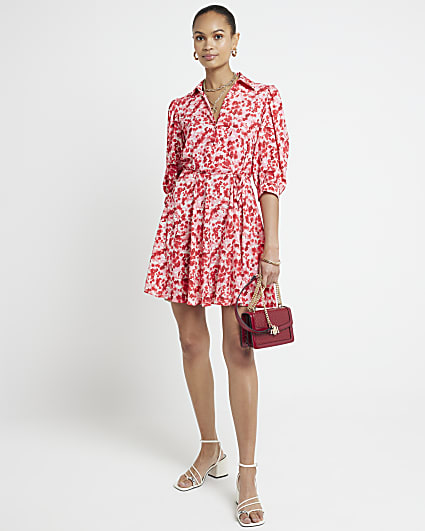 Red floral belted mini shirt dress