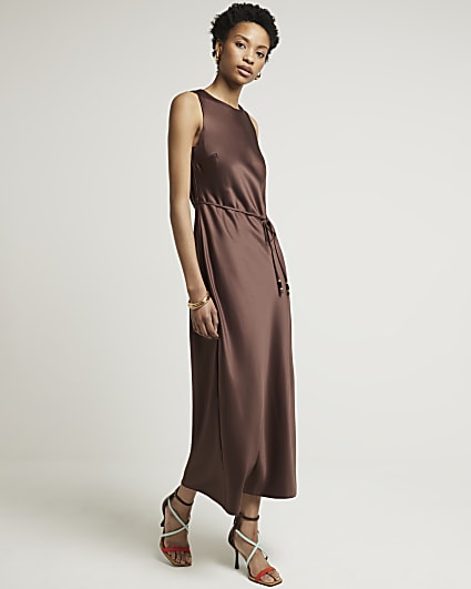 Brown Satin Belted Slip Maxi Dress