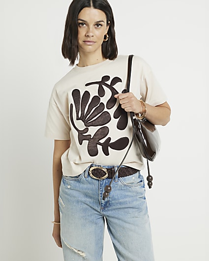 Beige leaf graphic t-shirt