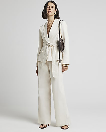 Cream belted linen blend wide leg trousers