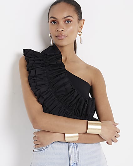 Black asymmetric frill top