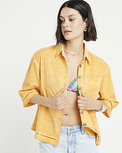 Orange linen blend boxy shirt