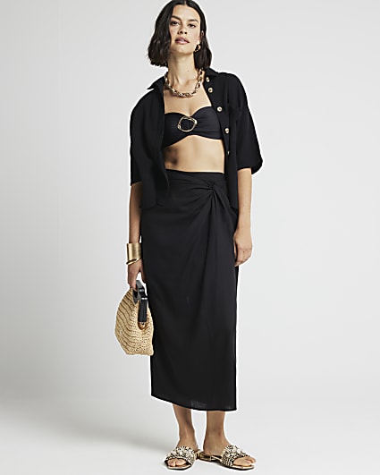 Black linen blend wrap skirt