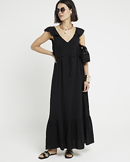 Black belted frill sleeve shift maxi dress