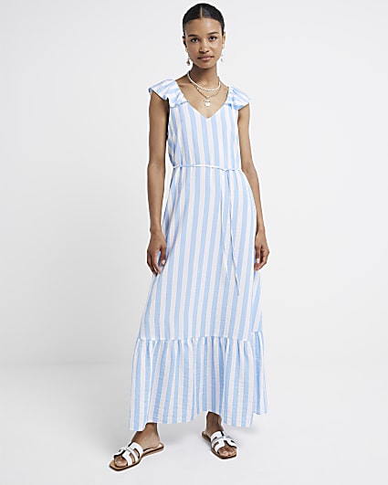 Blue stripe belted swing maxi dress