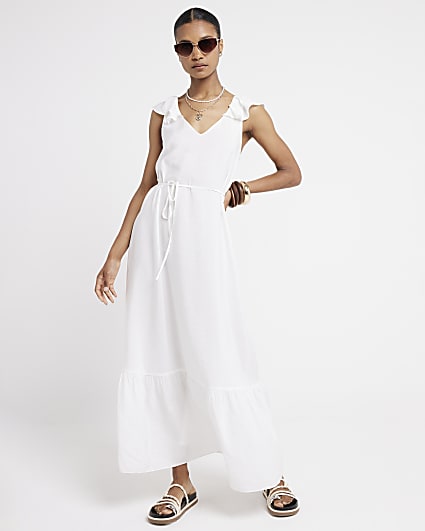 White frill sleeve swing maxi dress