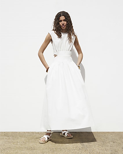 White cut out shell trim swing maxi dress