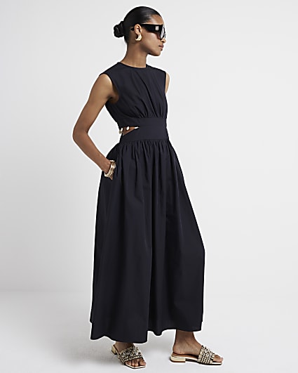 Black cut out shell trim swing maxi dress