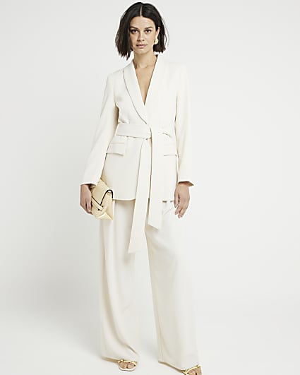 Cream belted longline wrap blazer