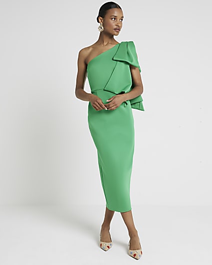 Green one shoulder bow bodycon midi dress