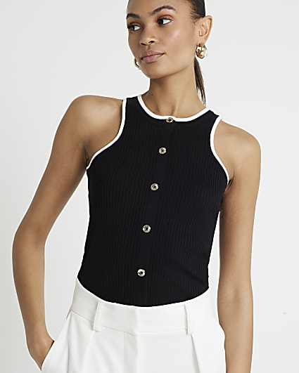 Black button through ribbed vest top