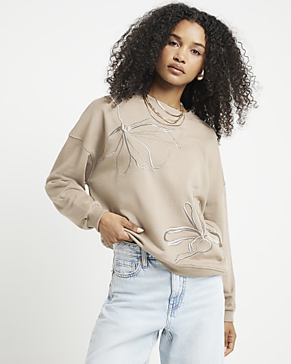 Beige Embroidered Flower Sweatshirt