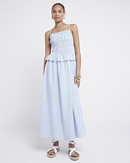 Blue stripe shirred smock midi dress