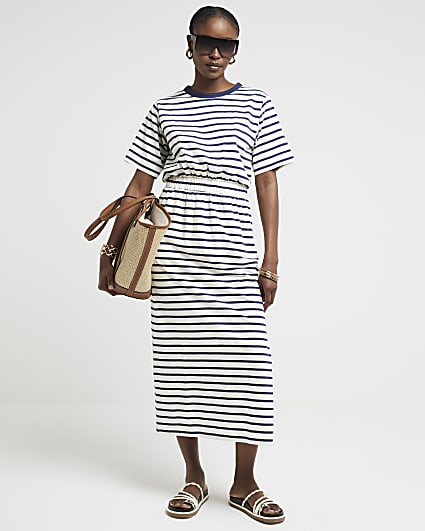 White stripe shirred waist t-shirt midi dress