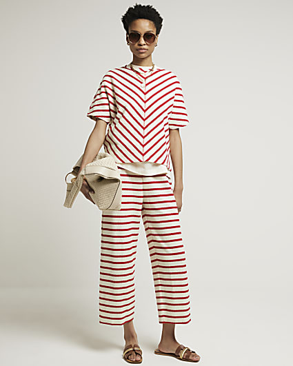 Red stripe crop wide leg trousers