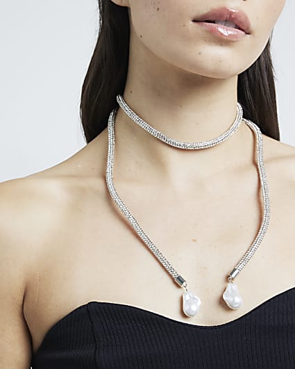 Silver Pearl Wrap Necklace