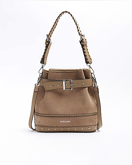 Brown Suedette Buckle Bucket Bag