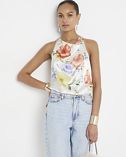 White satin floral halter neck top