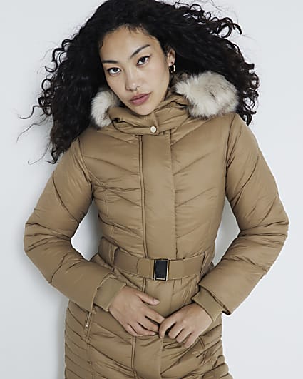 Brown Slim longline Padded coat