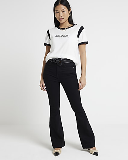 Petite black high waisted flared jeans