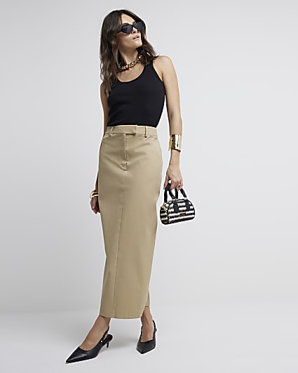 Beige Long Tailored Maxi Skirt