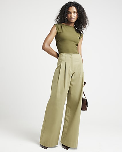 Khaki ribbed ruched side vest top