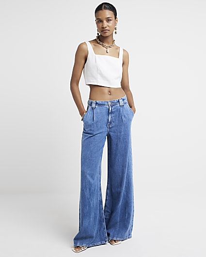 Blue mid rise tailored wide fit jeans