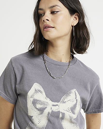 Grey bow embellished t-shirt