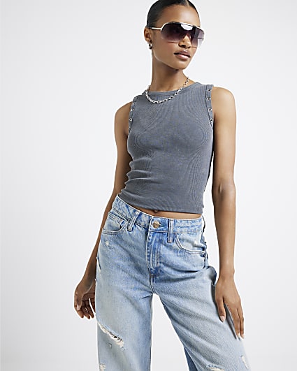 Grey ribbed eyelet tank top