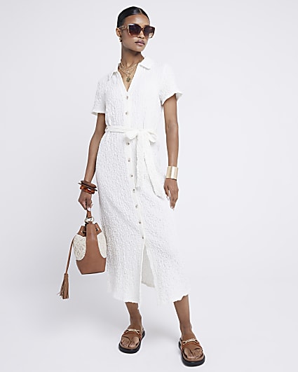 Cream Textured Belted Midi Shirt Dress