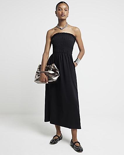 Black Shirred Bandeau Midi Dress