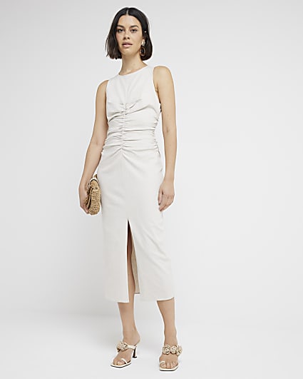 Beige Ruched Detail Midi Dress