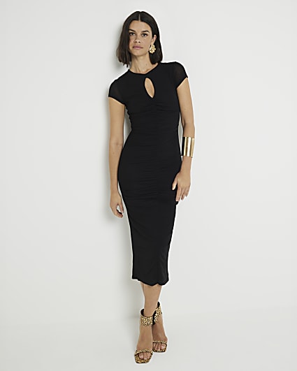 Black ruched cut out bodycon midi dress