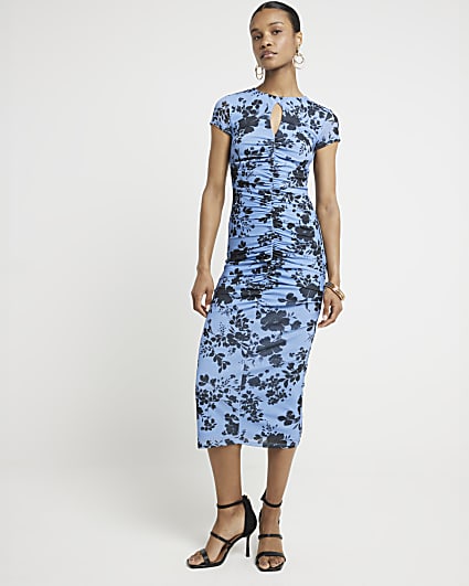 Blue ruched floral bodycon midi dress