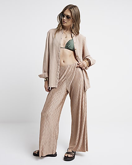 Rose gold plisse wave wide leg trousers